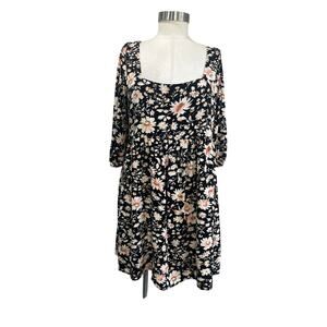 American Eagle Black Floral Square Neck Babydoll Boho Mini Dress Cottagecore M